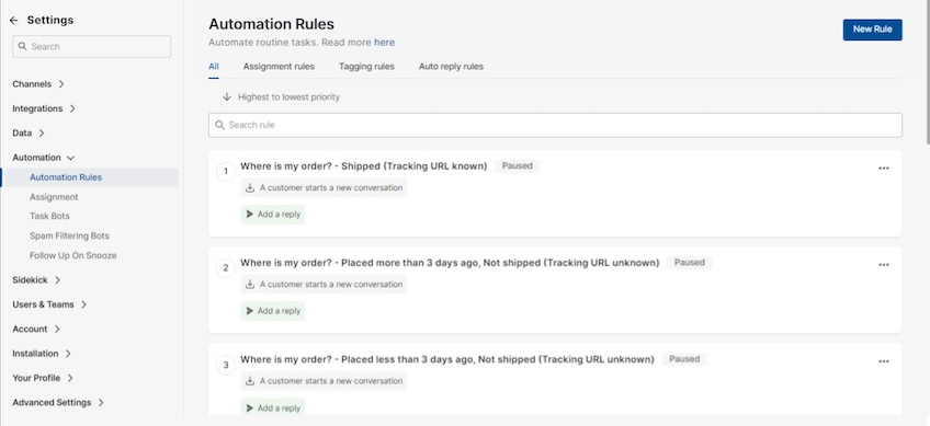 Richpanel settings menu with the page for automation rules shown. 