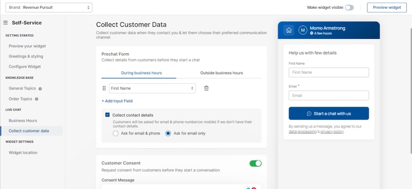 Richpanel Collect Customer Data page with various options to select. 