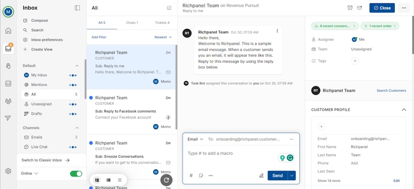 Screenshot of Richpanel inbox with a conversation displayed. 