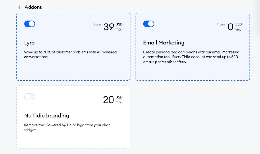 Addons with Tidio packages with options for Lyro, Email Marketing, and No Tidio branding. 