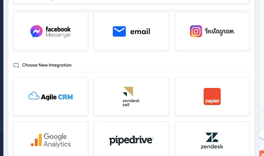 Integration options such as Facebook Messenger, Instagram, Zapier, and more. 