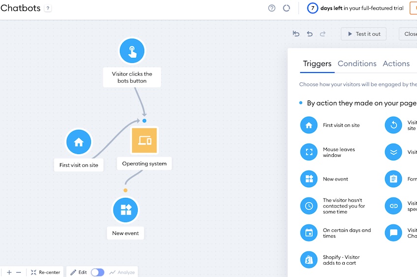 Triggers setup in Tidio interface. 